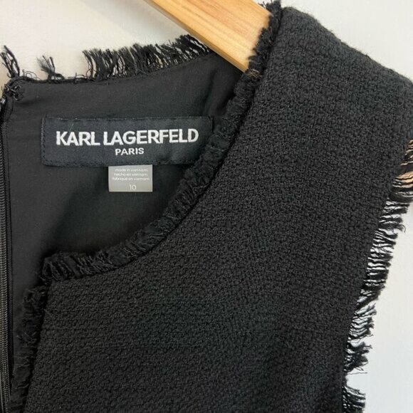 Karl Lagerfeld Midi Dress Womens 10 Black Sleeveless Tweed Office Fringed Hem - Picture 3 of 10